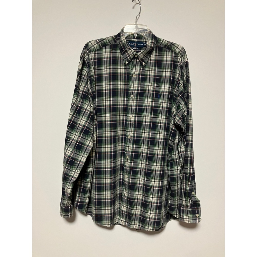 Ralph Lauren Men Classic Fit Shirt XL Green Plaid Cotton Button Down Long Sleeve